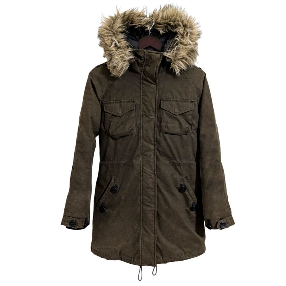 Aritzia Community Olive Green Paradigm Down Parka Coat XS Faux Fur Hood